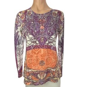 Laura Ashley Active Long Sleeve Top Sz M Purple White Orange Semi Sheer Pullover